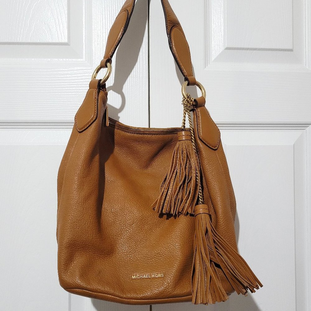 Michael Kors Brown Tan Leather Double Tassel Handbag Purse